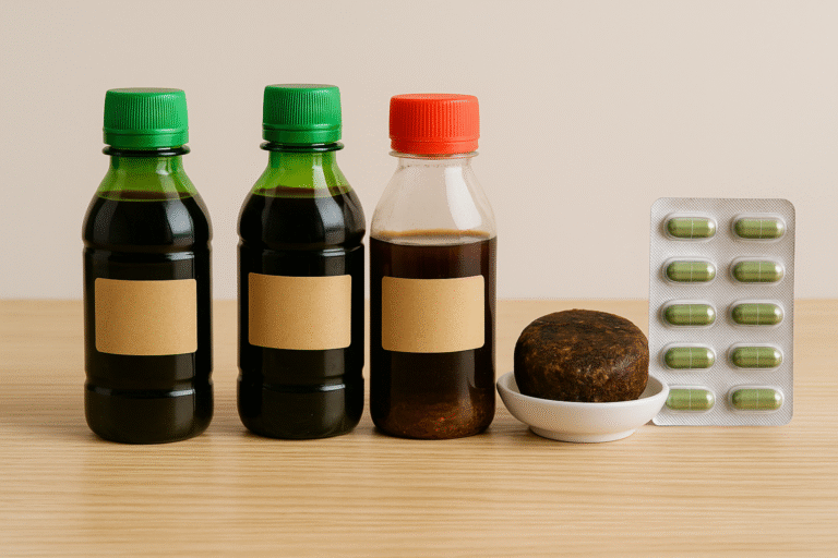 A line-up of common Nigerian herbal products—bitters, agbo bottles, black soap, herbal capsules—on a wooden table symbolizing traditional wellness